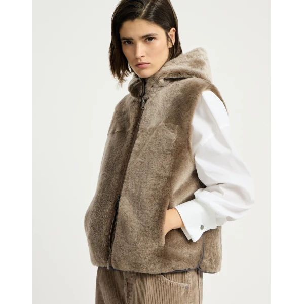 Brunello Cucinelli Shearling reversible vest in Light Brown, view 5 | Vests | Luxury Shoes 
