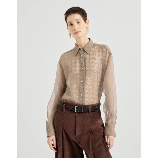 Brunello Cucinelli Shirt with dazzling windowpane embroidery in Light Brown