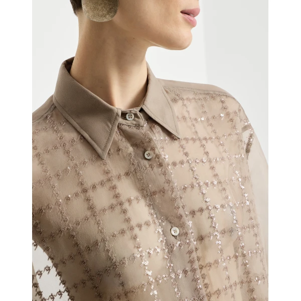 Brunello Cucinelli Shirt with dazzling windowpane embroidery in Light Brown
