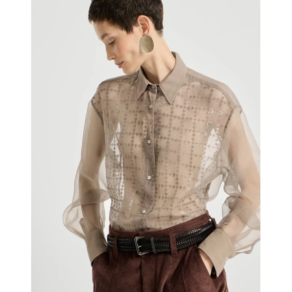 Brunello Cucinelli Shirt with dazzling windowpane embroidery in Light Brown