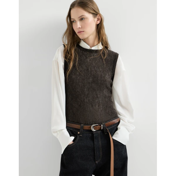 Brunello Cucinelli Silk, alpaca and wool knit top in Anthracite