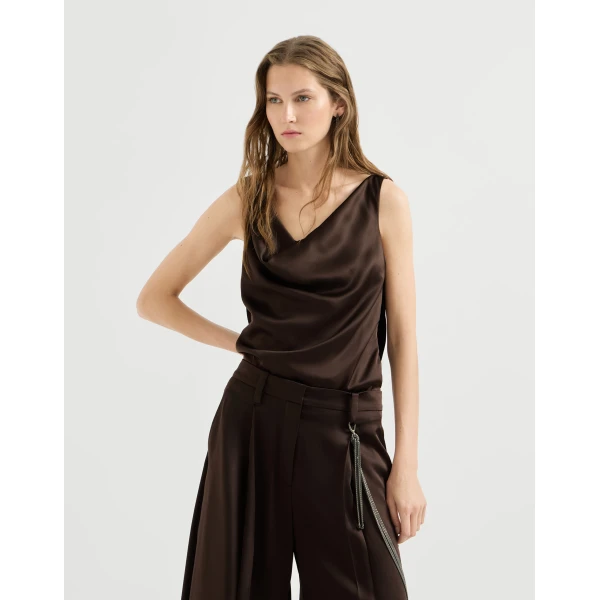 Brunello Cucinelli Silk satin top in Coffee, view 2 | Tops | Luxury Shoes 