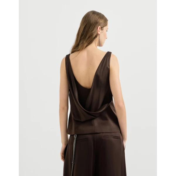 Brunello Cucinelli Silk satin top in Coffee, view 3 | Tops | Luxury Shoes 