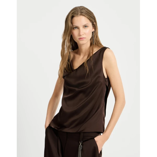 Brunello Cucinelli Silk satin top in Coffee, view 5 | Tops | Luxury Shoes 