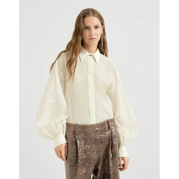 Brunello Cucinelli Silk sparkling pinstripe shirt in White, view 2 | Shirts | Luxury Shoes 