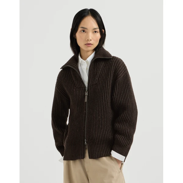 Brunello Cucinelli Sparkling & Dazzling ribbed cardigan in Coffee