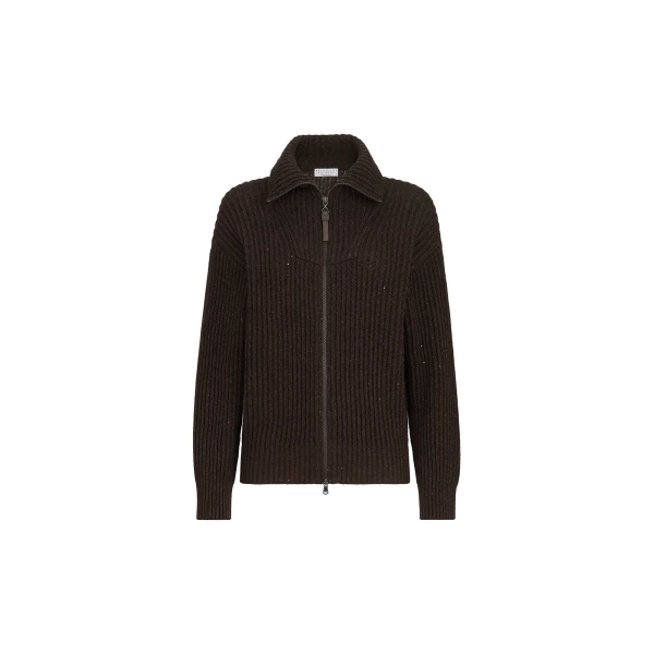 Brunello Cucinelli Sparkling & Dazzling ribbed cardigan in Coffee