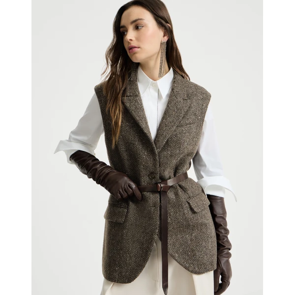 Brunello Cucinelli Sparkling chevron vest with belt in Pine Cone Brown