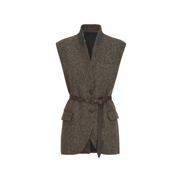 Brunello Cucinelli Sparkling chevron vest with belt in Pine Cone Brown