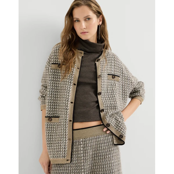 Brunello Cucinelli Sparkling houndstooth cardigan in Light Brown, view 2 | Cardigan | Luxury Shoes 