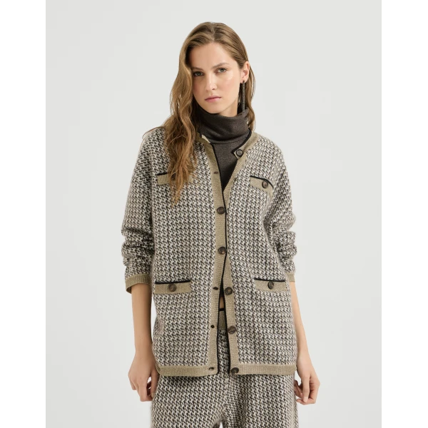 Brunello Cucinelli Sparkling houndstooth cardigan in Light Brown, view 3 | Cardigan | Luxury Shoes 