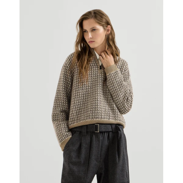 Brunello Cucinelli Sparkling houndstooth half-zip sweater in Light Brown, view 2 | Sweaters | Luxury Shoes 