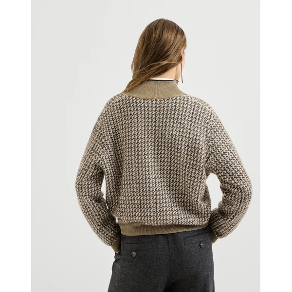 Brunello Cucinelli Sparkling houndstooth half-zip sweater in Light Brown, view 3 | Sweaters | Luxury Shoes 
