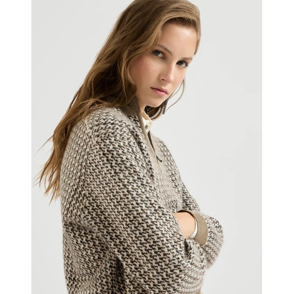 Brunello Cucinelli Sparkling houndstooth half-zip sweater in Light Brown, view 4 | Sweaters | Luxury Shoes 