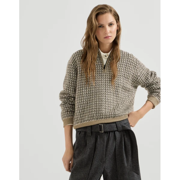 Brunello Cucinelli Sparkling houndstooth half-zip sweater in Light Brown, view 5 | Sweaters | Luxury Shoes 