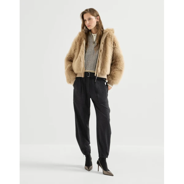 Brunello Cucinelli Sparkling houndstooth half-zip sweater in Light Brown, view 6 | Sweaters | Luxury Shoes 