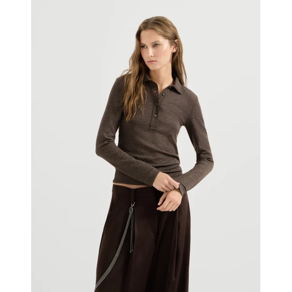 Brunello Cucinelli Sparkling jersey polo shirt in Coffee, view 2 | Shirts | Luxury Shoes 