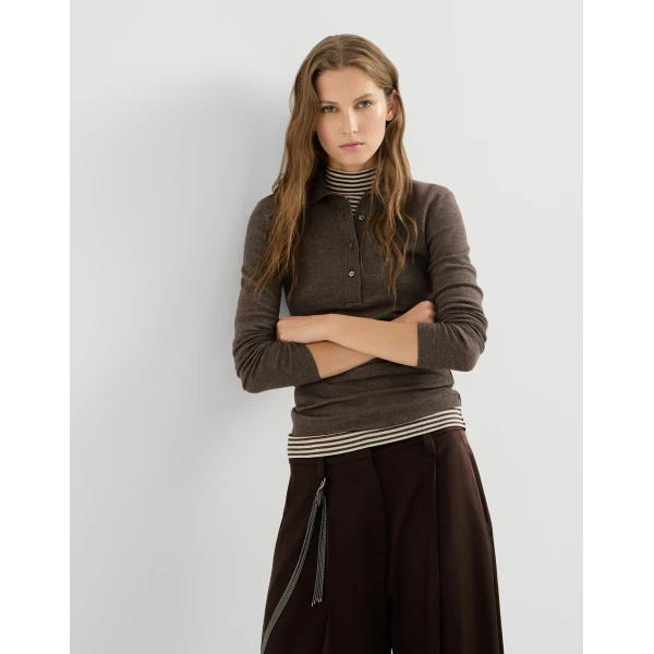 Brunello Cucinelli Sparkling jersey polo shirt in Coffee, view 5 | Shirts | Luxury Shoes 