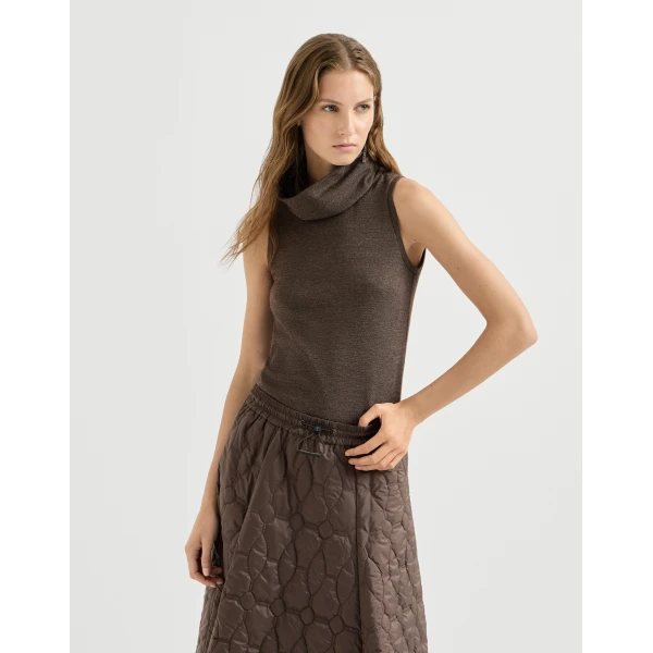 Brunello Cucinelli Sparkling jersey turtleneck top in Coffee, view 2 | Tops | Luxury Shoes 