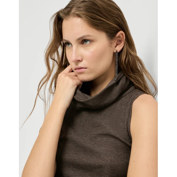 Brunello Cucinelli Sparkling jersey turtleneck top in Coffee, view 4 | Tops | Luxury Shoes 