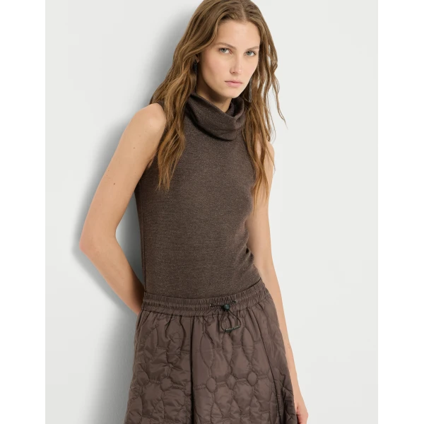 Brunello Cucinelli Sparkling jersey turtleneck top in Coffee, view 5 | Tops | Luxury Shoes 