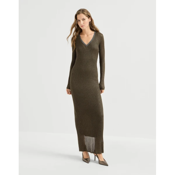 Brunello Cucinelli Sparkling knit dress with monili in Coffee, view 2 | Dresses | Luxury Shoes 