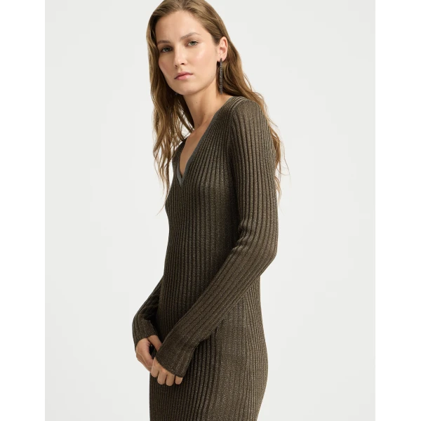 Brunello Cucinelli Sparkling knit dress with monili in Coffee, view 5 | Dresses | Luxury Shoes 