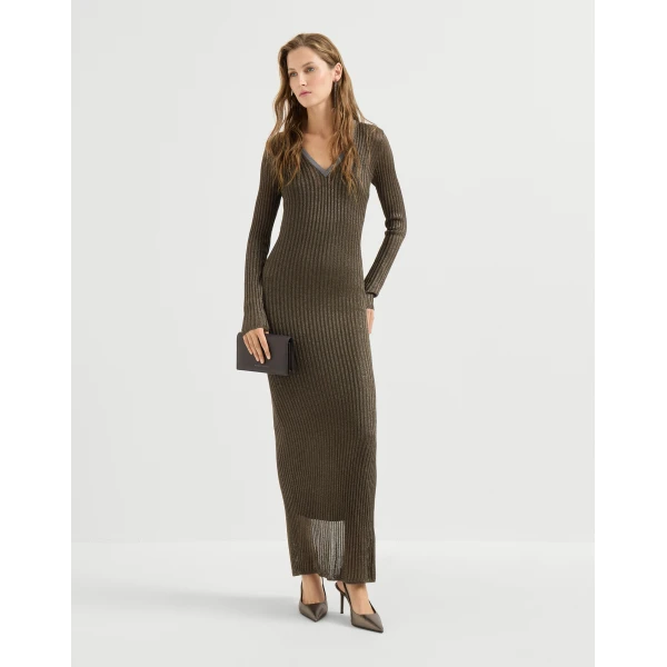 Brunello Cucinelli Sparkling knit dress with monili in Coffee, view 6 | Dresses | Luxury Shoes 