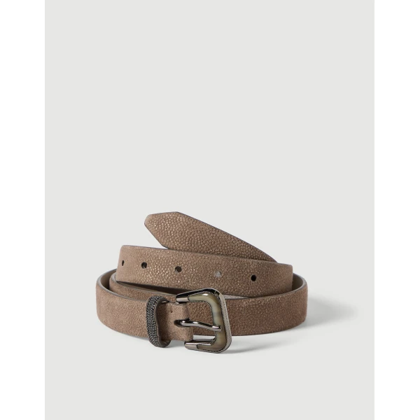Brunello Cucinelli Sparkling textured leather belt in Bark, view 2 | Belts | Luxury Shoes 