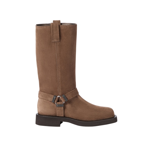 Brunello Cucinelli Suede Biker Boots with monili in Caramel