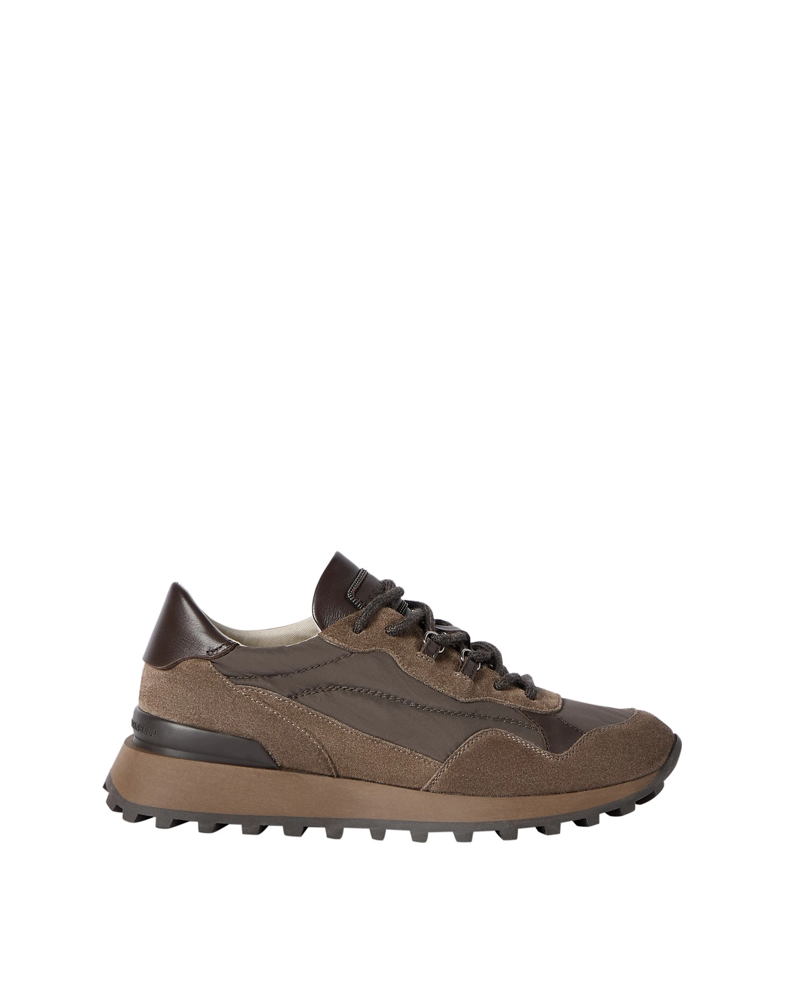 Brunello Cucinelli Suede Runners with Shiny Details in Bark | Buy Sneakers at Luxury Shoes Brunello Cucinelli Suede Runners with Shiny Details in Bark