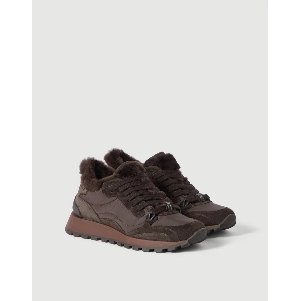 Suede and fabric sneakers with monili in Pepper - Image 2