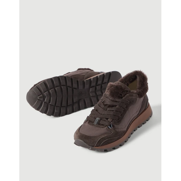Suede and fabric sneakers with monili in Pepper - Image 4