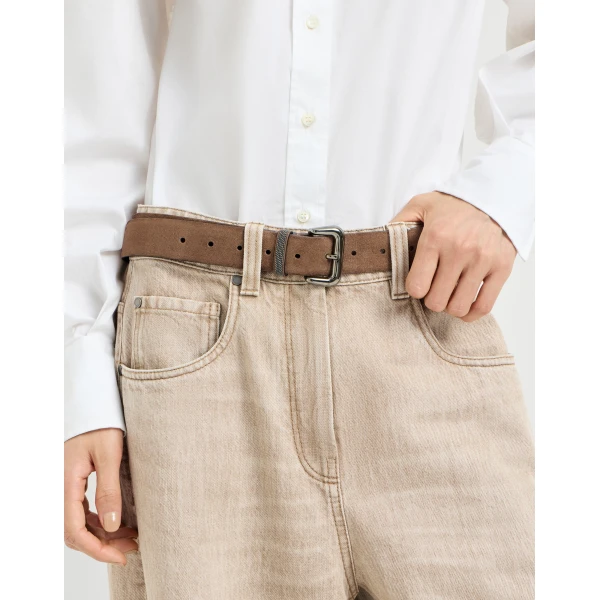 Brunello Cucinelli Suede belt with monili in Caramel, view 3 | Belts | Luxury Shoes 