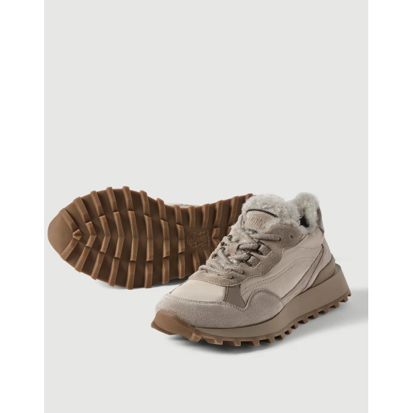 Suede, cotton and shearling sneakers in Light Grey - Image 4