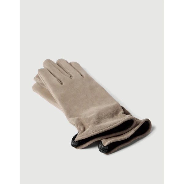 Brunello Cucinelli Suede gloves with monili in Beige, view 2 | Gloves | Luxury Shoes 