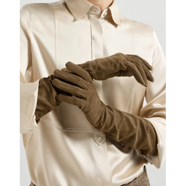 Brunello Cucinelli Suede long gloves in Origano, view 3 | Gloves | Luxury Shoes 