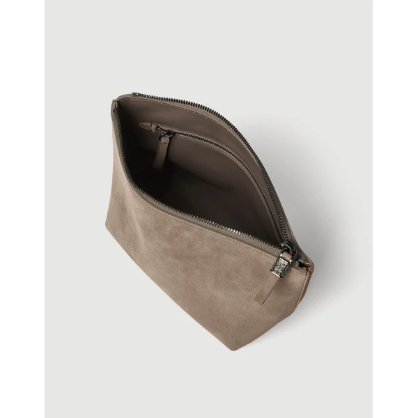 Brunello Cucinelli Suede pouch with monili in Light Grey, view 4 | Wallets & Purses | Luxury Shoes 