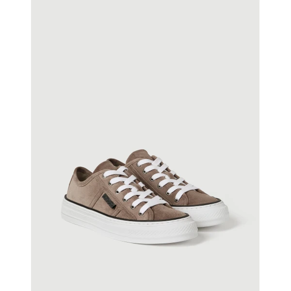 Suede sneakers with shiny tab in Brown - Image 2