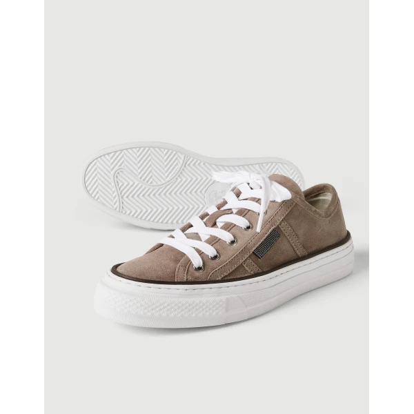 Suede sneakers with shiny tab in Brown - Image 4