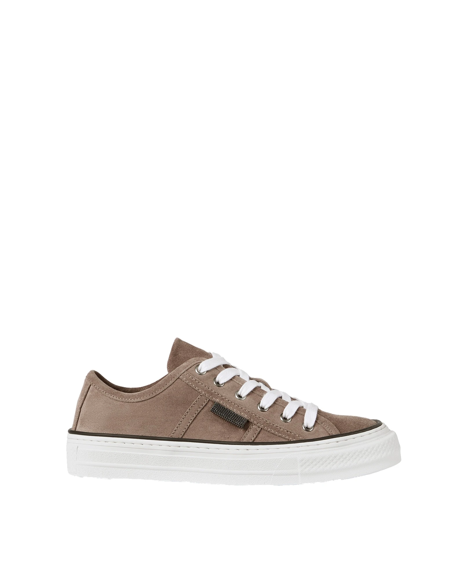 Brunello Cucinelli Suede sneakers with shiny tab in Brown | Buy Sneakers at Luxury Shoes Brunello Cucinelli Suede sneakers with shiny tab in Brown