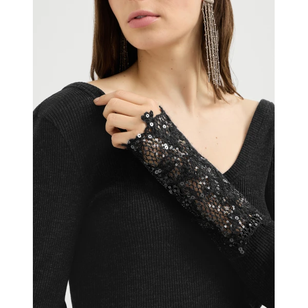 Brunello Cucinelli Sweater with dazzling lace embroidery in Anthracite