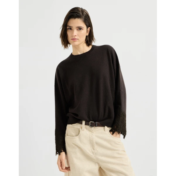 Brunello Cucinelli Sweater with wispy lace cuffs in Coffee, view 2 | Sweaters | Luxury Shoes 