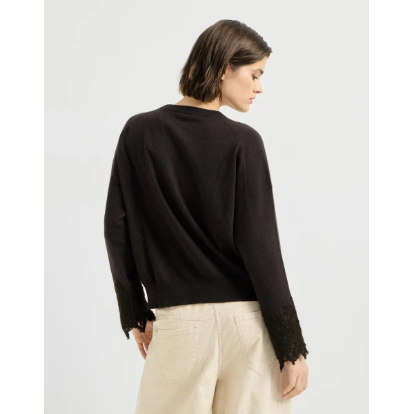 Brunello Cucinelli Sweater with wispy lace cuffs in Coffee, view 3 | Sweaters | Luxury Shoes 