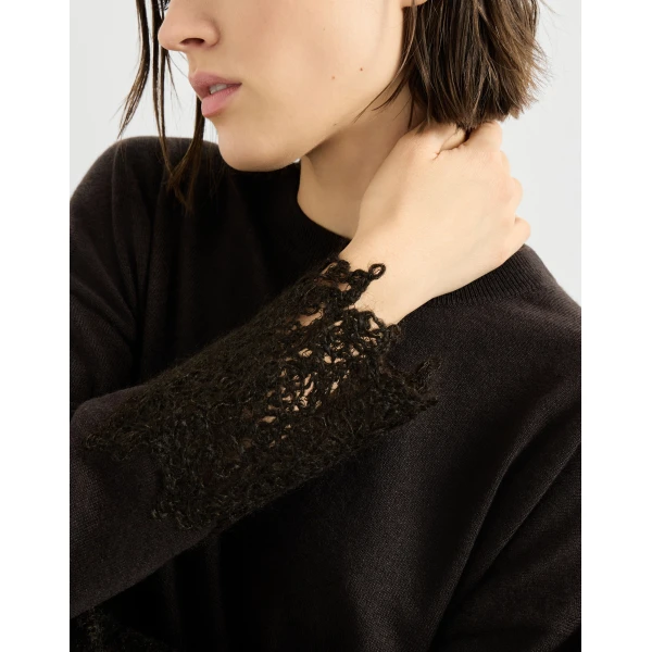 Brunello Cucinelli Sweater with wispy lace cuffs in Coffee, view 4 | Sweaters | Luxury Shoes 