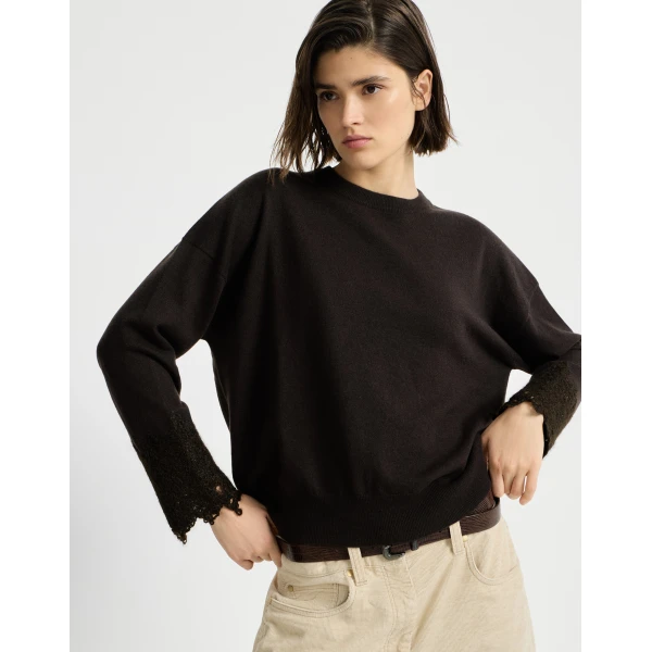 Brunello Cucinelli Sweater with wispy lace cuffs in Coffee, view 5 | Sweaters | Luxury Shoes 