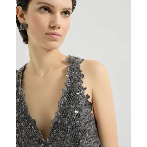 Brunello Cucinelli Top with dazzling lace embroidery in Lead