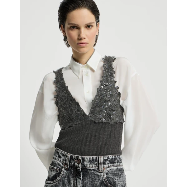 Brunello Cucinelli Top with dazzling lace embroidery in Lead