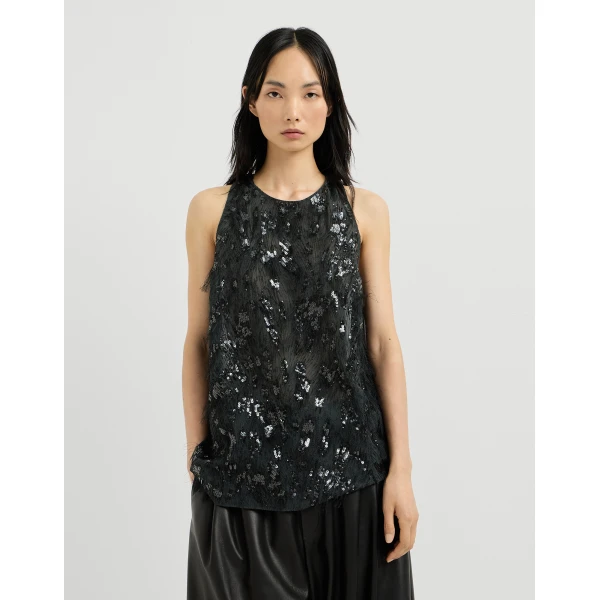 Brunello Cucinelli Top with dazzling lynx embroidery in Lignite Grey