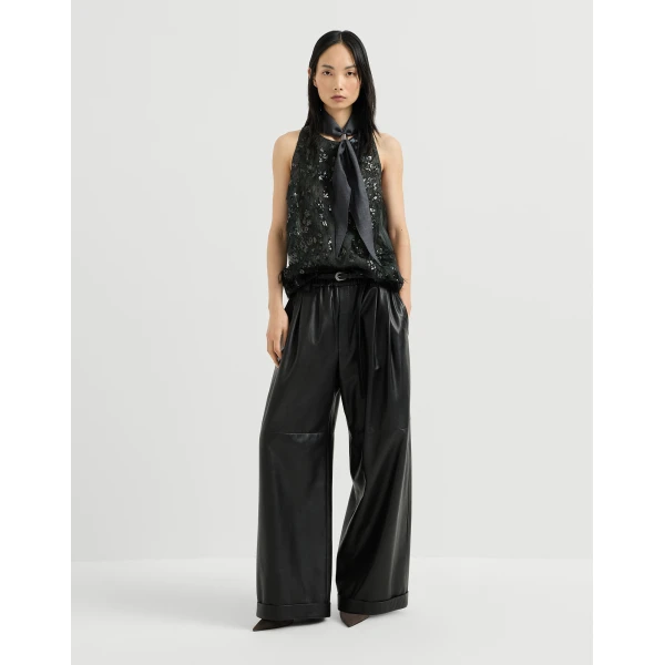 Brunello Cucinelli Top with dazzling lynx embroidery in Lignite Grey
